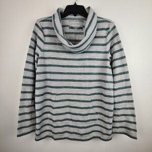 Sonoma Women's Gray Green Striped Cowl Neck Sweater Large Sweatshirt Pocket‎